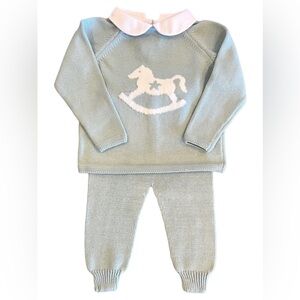 New Mi Lucero knit blue rocking horse sweater set